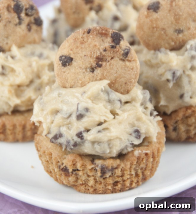 Double Cookie Bliss Cups 4 Soft deep dish chocolate chip cookies baked in a cupcake tin with rich, egg-free chocolate chip cookie dough frosting.