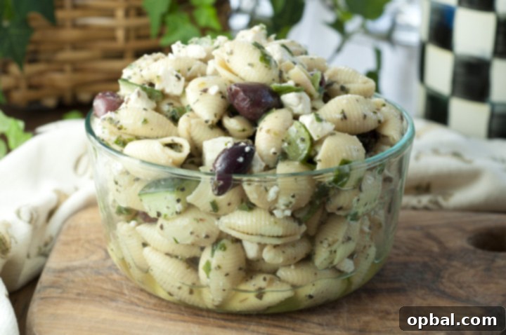 Hellenic Pasta Medley 3 This recipe for Greek Pasta Salad has all of the simple flavors of a classic Greek salad with cucumber, olives, and crumbled feta cheese. Great side dish for any summer BBQ, holiday, or picnic.