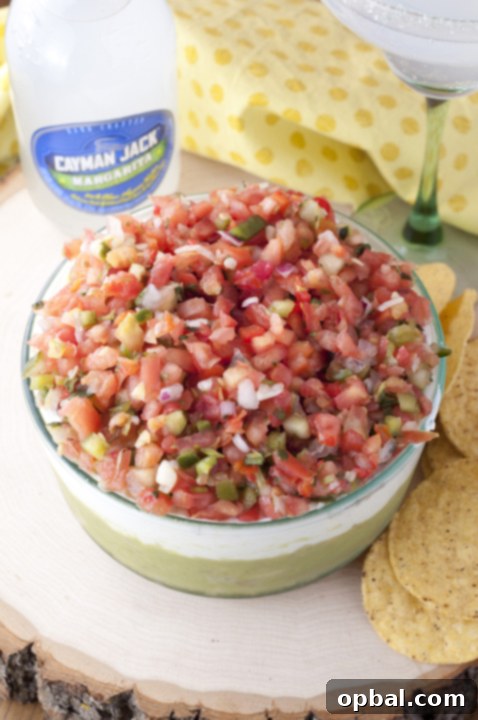 Loaded with guacamole, cheese, sour cream, and Pico de Gallo, this Triple Layer Mexican Party Dip is a fun appetizer for your next football party or taco night!