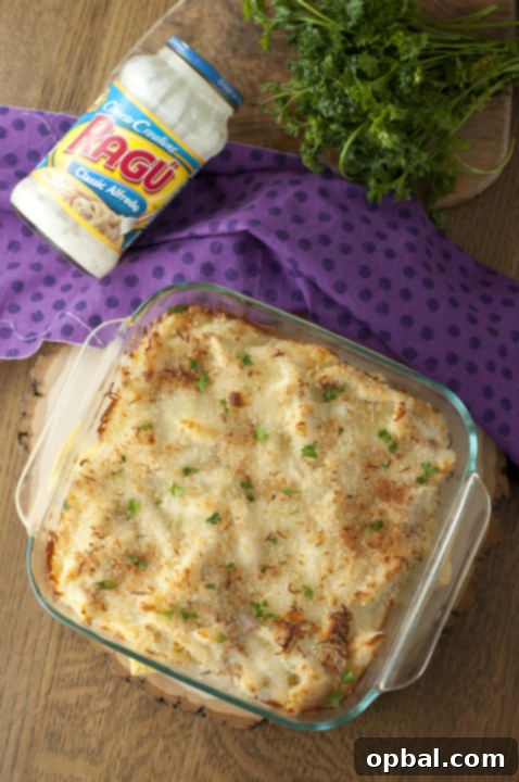 Bacon Alfredo Pasta Bake dish is comforting and a great recipe for dinner guests, making any meal feel special.