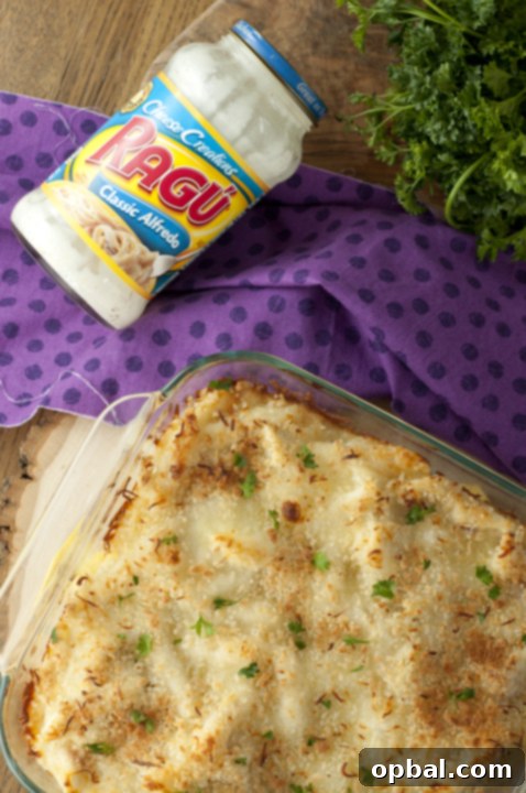 Bacon Alfredo Pasta Bake, a versatile Italian dish that is great for a freezer meal, to bring to a new mom, or for someone who just had surgery, offering comforting sustenance.