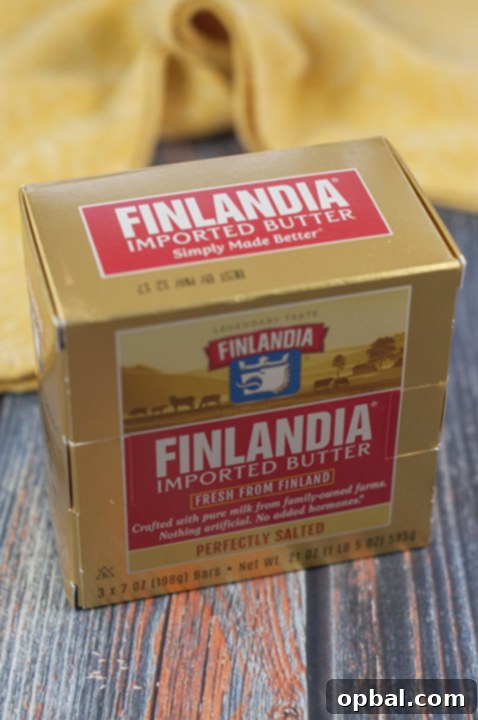 Close-up of Finlandia Premium Imported Salted Butter packaging.