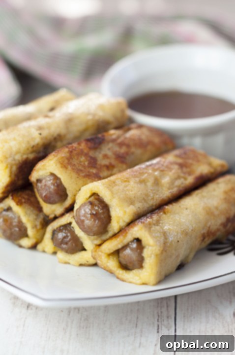 Sweet and Savory French Toast Sausage Rolls 7 This sweet and savory recipe for Mini French Toast Sausage Roll-Ups served with warm maple syrup for dunking will be the best addition to your Easter or holiday breakfast, brunch, and