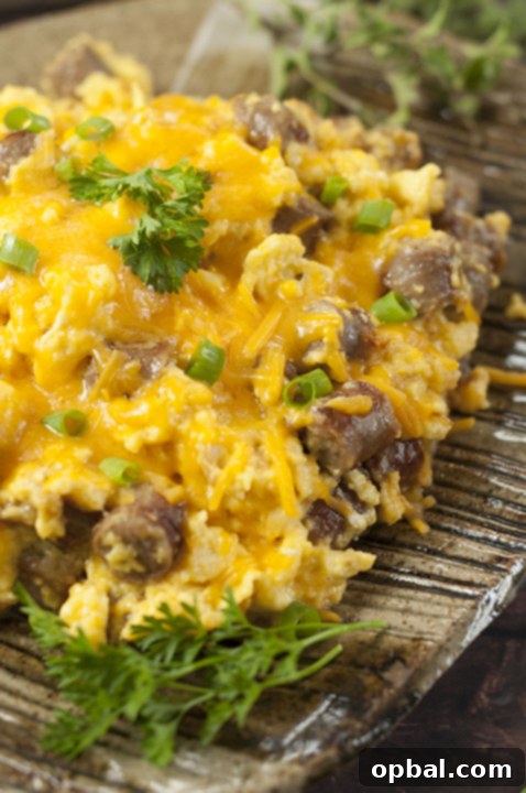 Cheesy Sausage Egg Morning Scramble 6 Pork Breakfast Sausage, Egg, and Cheese Scramble recipe is a tasty combination of your favorite breakfast foods for a hearty weekday morning or Sunday morning family breakfast!