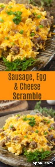 Cheesy Sausage Egg Morning Scramble 7 Easy Sausage, Egg, and Cheese Scramble recipe is a tasty combination of your favorite breakfast foods for a hearty weekday morning or Sunday family breakfast/dinner!