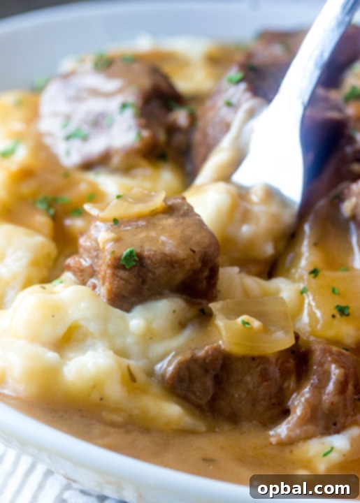 Succulent Slow Cooker Beef and Gravy 2 Slow Cooker Beef Tips and Gravy is perfect to serve to dinner guests but simple enough for a weeknight dinner recipe! Serve it over noodles, potatoes or rice!