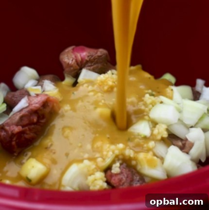 Succulent Slow Cooker Beef and Gravy 4 Adding all of the ingredients to the crock pot for my Slow Cooker Beef Tips and Gravy recipe.