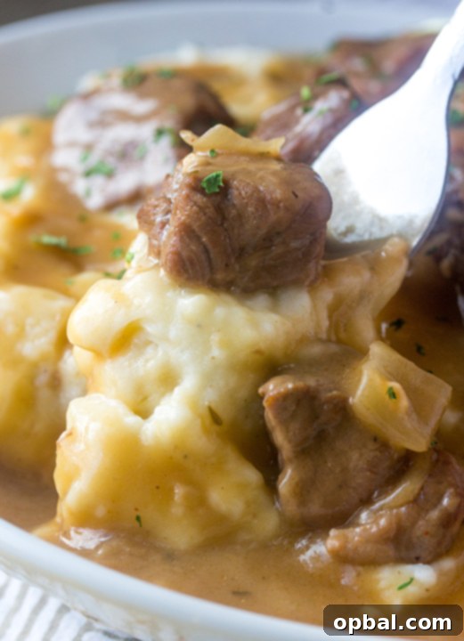 Succulent Slow Cooker Beef and Gravy 6 Slow Cooker Beef Tips and Gravy is perfect to serve to dinner guests but simple enough for a weeknight dinner or appetizer recipe! Serve it over noodles, potatoes or rice and the crock pot does all the work!