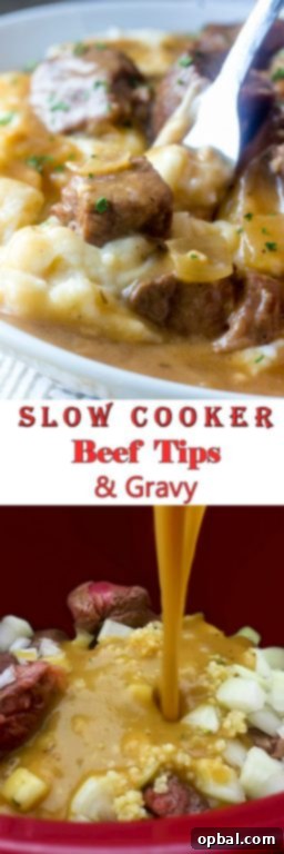 Succulent Slow Cooker Beef and Gravy 8 Slow Cooker Beef Tips and Gravy is perfect to serve to dinner guests but simple enough for a weeknight dinner recipe or appetizer recipe! Serve it over noodles, potatoes or rice!