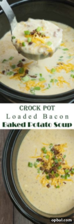 Hearty Slow Cooker Loaded Baked Potato Soup with Bacon 4 A bowl of creamy Crock Pot Loaded Bacon Baked Potato Soup with a spoon, highlighting its rich texture and delicious toppings.