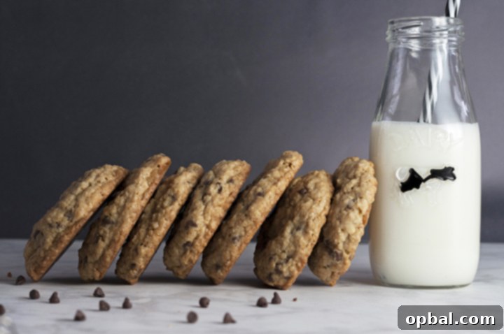 Close-up shot of a stack of golden chocolate chip oatmeal cookies, highlighting their chewy texture and melted chocolate chips.