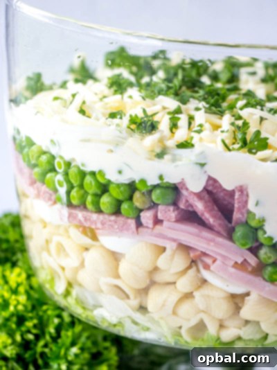Stunning Eight-Layer Prep-Ahead Salad 3 Close-up of the eight layers of salad, showcasing fresh ingredients.