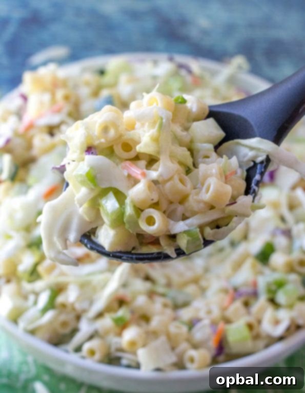 Homestyle Macaroni Slaw 2 Macaroni Coleslaw Salad with vibrant vegetables, pasta, and diced apple, perfect for summer gatherings.
