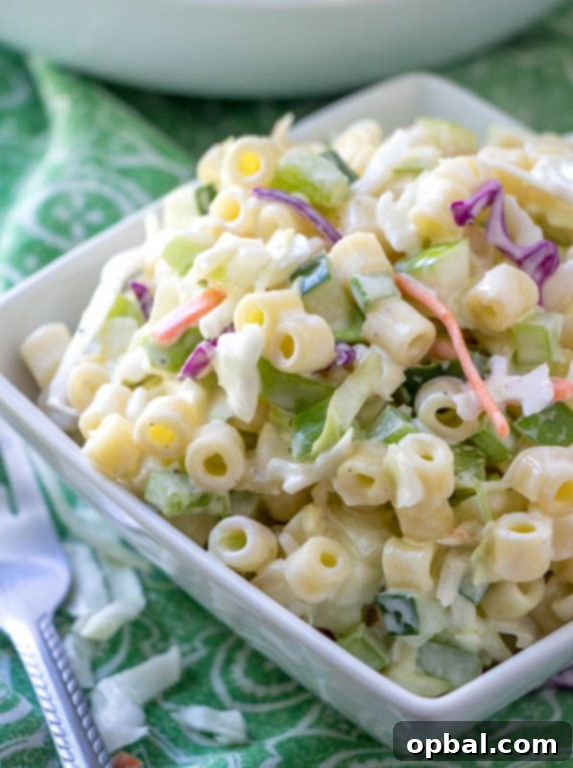 Homestyle Macaroni Slaw 5 Bowl of homemade Macaroni Coleslaw Salad ready for serving at a summer picnic or potluck.
