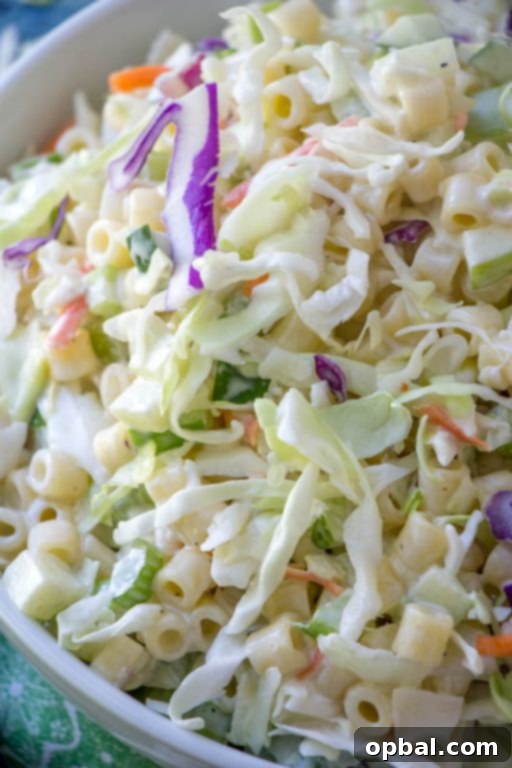 Homestyle Macaroni Slaw 6 Small bowl of Macaroni Coleslaw Salad with focus on the crunchy apple pieces.