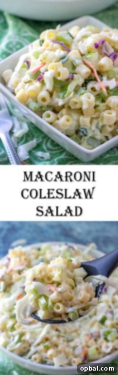 Homestyle Macaroni Slaw 7 Macaroni Coleslaw Salad in a small bowl, garnished, ready for a potluck or holiday side dish.