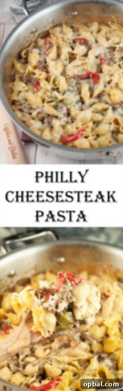 Creamy Philly Cheesesteak Pasta 5 Philly Cheesesteak Pasta: A close-up of the delicious and creamy pasta dish, highlighting its texture and ingredients.