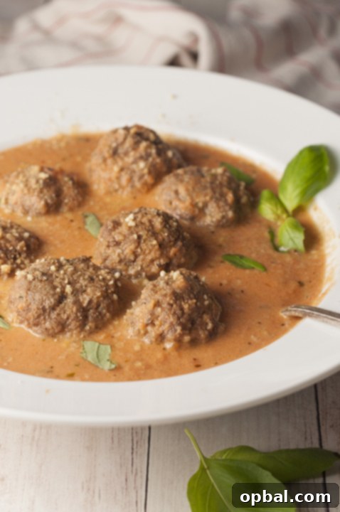 Mama's Tomato Basil Bisque with Italian Meatballs 2 Rich and creamy Tomato Basil Bisque with tender Italian Meatballs, a perfect comforting fall dinner idea.