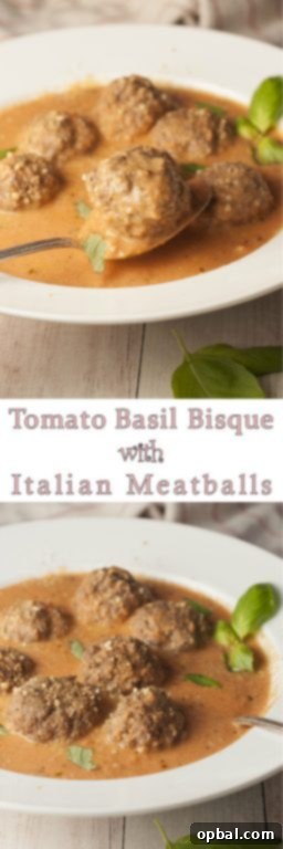 Simple Tomato Basil Bisque with Italian Meatballs, a rich and comforting soup recipe for a fall evening.