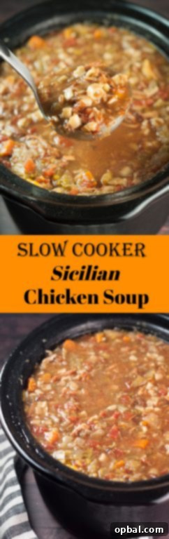 Rustic Slow Cooker Sicilian Chicken Soup 5 A beautifully presented bowl of Slow Cooker Sicilian Chicken Soup, with steam rising, a piece of crusty bread, and a fork, emphasizing its warmth and inviting taste.