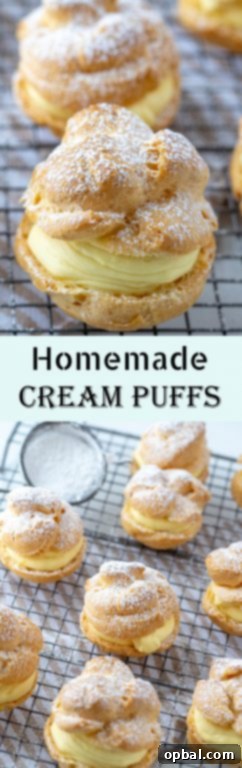 Cloud-Like Cream Puffs from Your Kitchen 7 Close-up of a delicious homemade cream puff with vanilla cream filling, dusted with powdered sugar.