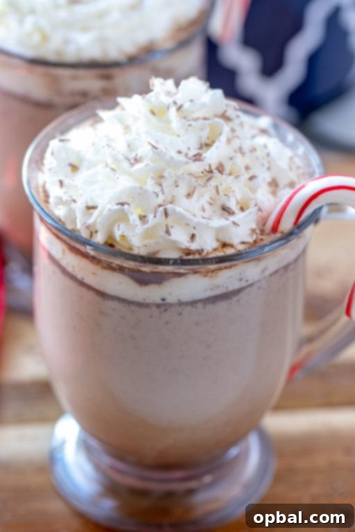 Cozy Slow Cooker Peppermint Mochas 7 A vibrant, close-up shot of a slow cooker peppermint mocha garnished beautifully with whipped cream and candy canes.