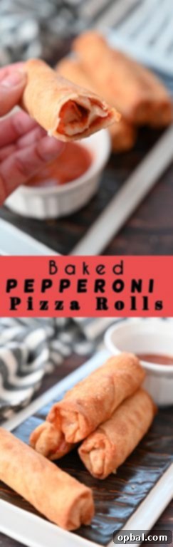 Golden-Baked Pepperoni Pizza Poppers 8 Easy Crowd-Pleasing Baked Pepperoni Pizza Rolls appetizer recipe using egg roll wrappers, a much healthier version of fried pizza rolls from diners. These pizza rolls are baked, not fried!