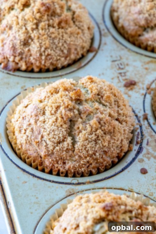 A charming photograph of three banana crumb muffins, perfectly golden and dusted with the rich crumb topping.