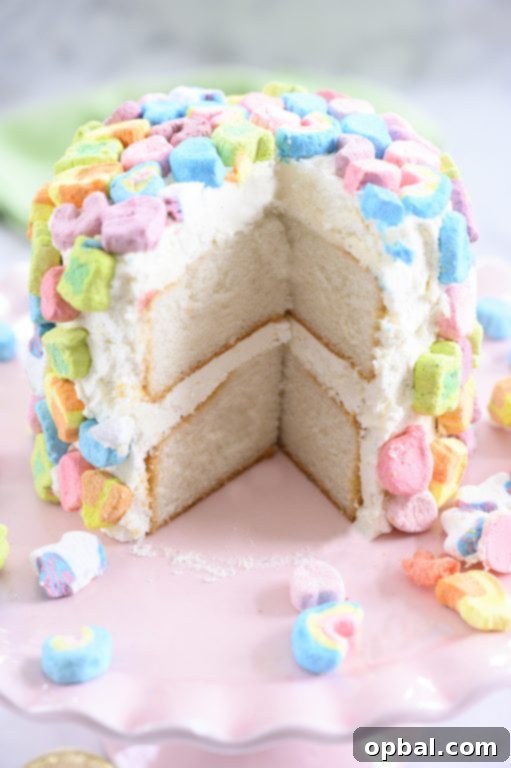 Magical Marshmallow Layer Cake 2 Lucky Charms Layer Cake with green frosting and colorful marshmallows for St. Patrick's Day