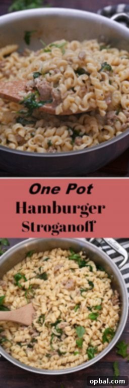 Creamy One-Pan Hamburger Stroganoff 5 Creamy One Pot Hamburger Stroganoff recipe is an easy weeknight meal with ground beef, veggies and pasta that is on the family table in less than 30 minutes total!