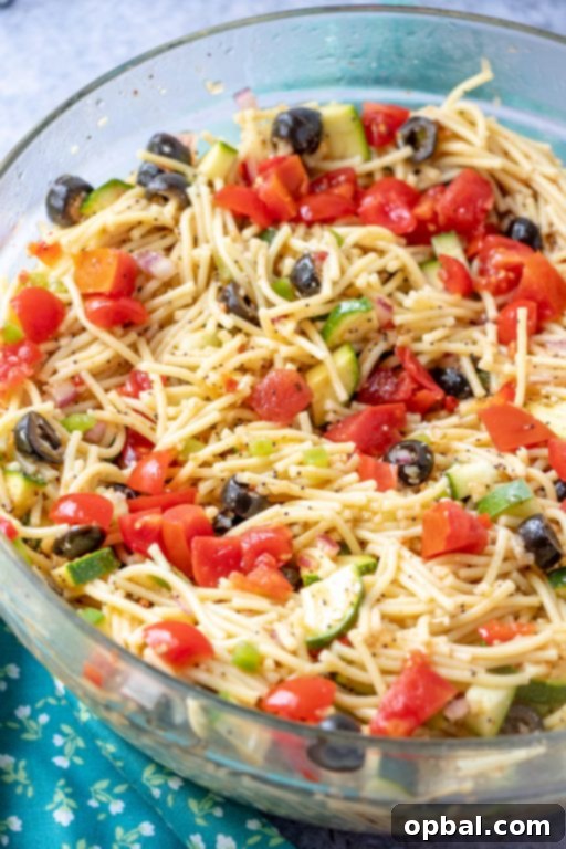 Golden State Spaghetti Medley 2 California Spaghetti Salad with diverse textures, pasta, and zucchini – a great summer salad recipe perfect for potlucks and picnics.