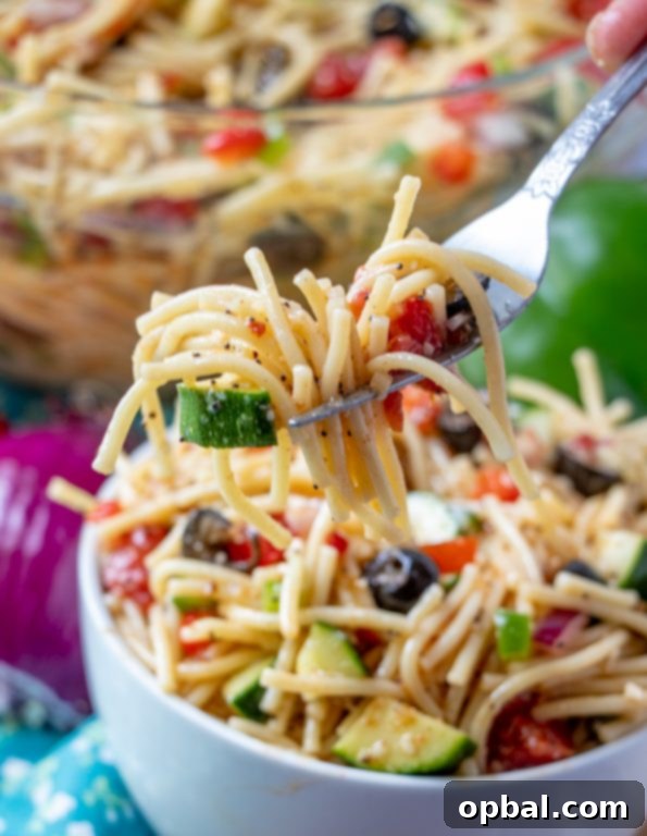 Golden State Spaghetti Medley 4 California Spaghetti Salad showcasing fresh vegetables and vibrant colors, perfect for a healthy and delicious side.