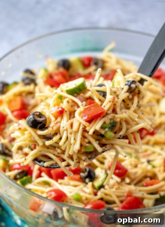 Golden State Spaghetti Medley 9 California Spaghetti Salad is an easy side dish for any holiday, potluck, or picnic, featuring diverse textures and delicious flavors.