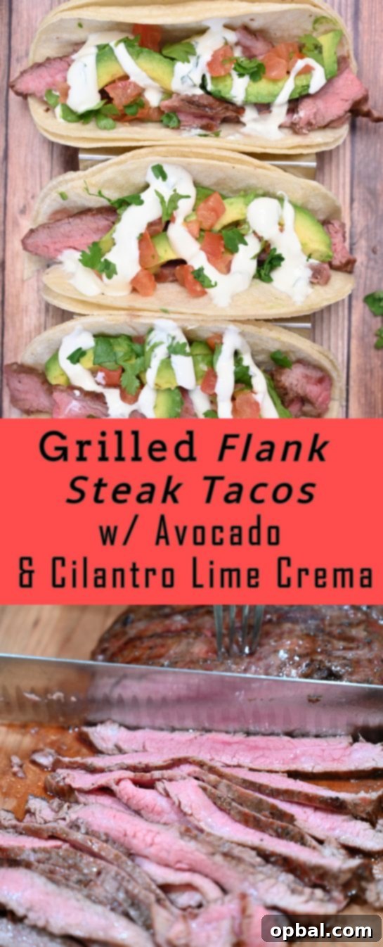Sizzling Flank Steak Tacos with Cool Avocado and Bright Cilantro Lime Crema 10 A stunning vertical shot of gluten-free grilled flank steak tacos, beautifully arranged with avocado, fresh cilantro, and a generous drizzle of creamy cilantro lime crema, perfect for any occasion.