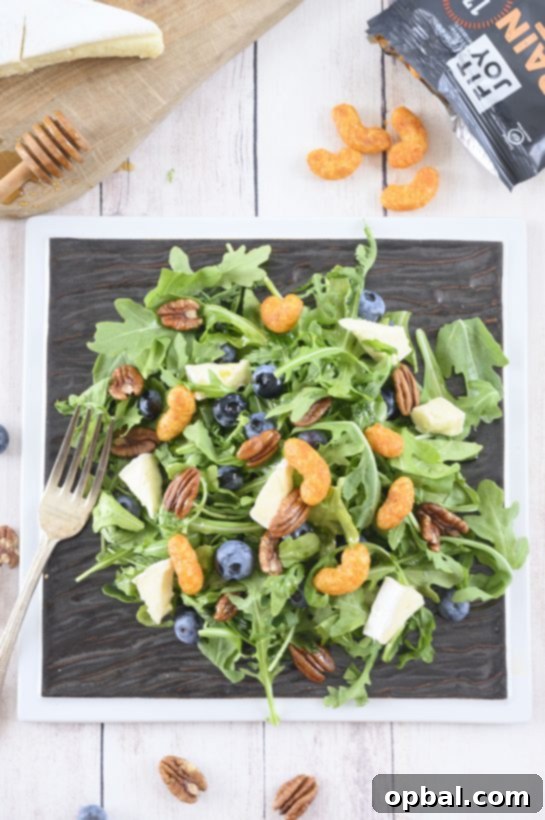 Blueberry Brie Pecan Salad with Crispy Protein Puffs 2 Easy and healthy Blueberry-Brie Pecan Salad recipe with protein puff croutons for added crunch and flavor.