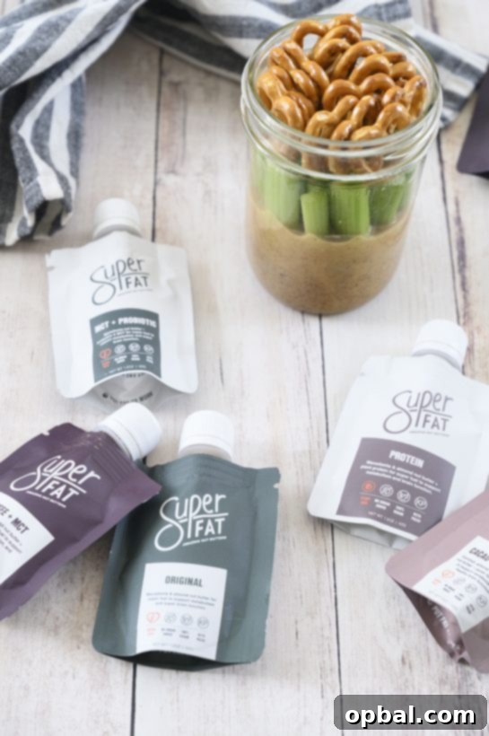Mason Jar Almond Butter Dipper Duo 3 Vegan mason Jar Pretzel, Celery, Almond Butter Snack with SuperFat nut butter is the perfect healthy on-the-go snack loaded with protein to give you a quick boost of energy during the day!