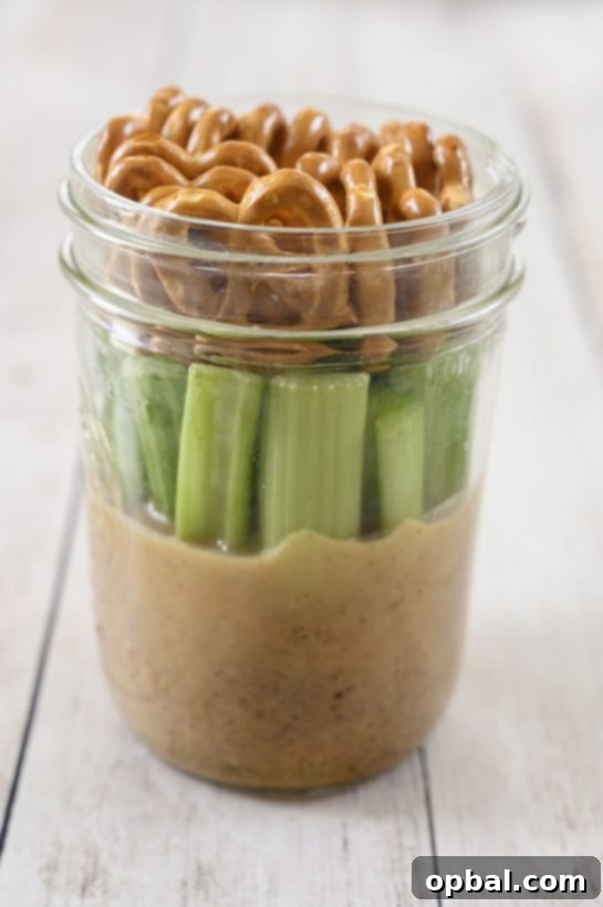 Mason Jar Almond Butter Dipper Duo 4 Gluten-free, vegan mason Jar Pretzel, Celery, Almond Butter Snack with SuperFat nut butter is the perfect healthy on-the-go snack loaded with protein to give you a quick boost of energy during the day!
