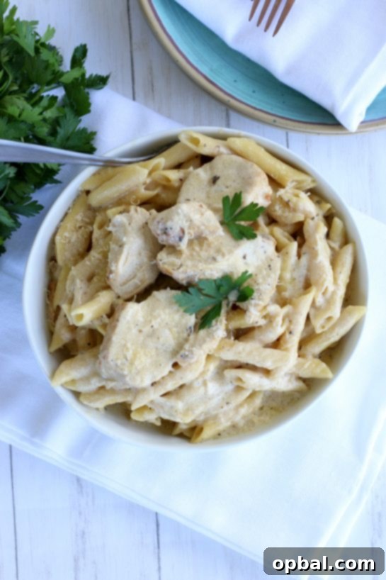 Slow Cooker Creamy Chicken Alfredo 3 Overhead view of Chicken Alfredo we made in a crock pot.