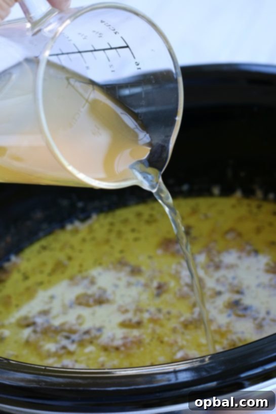 Slow Cooker Creamy Chicken Alfredo 6 Pouring chicken broth into a crockpot to finish a chicken in alfrdo sauce.