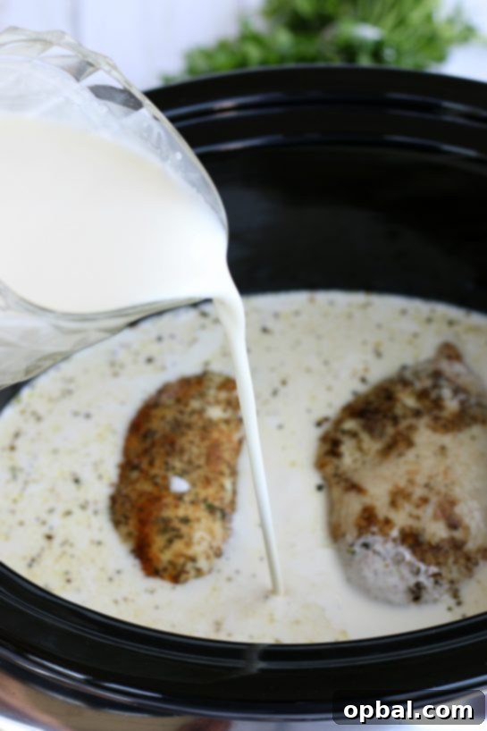 Slow Cooker Creamy Chicken Alfredo 8 Pouring creamy alfredo sauce into the slow cooker for chicken alfredo.