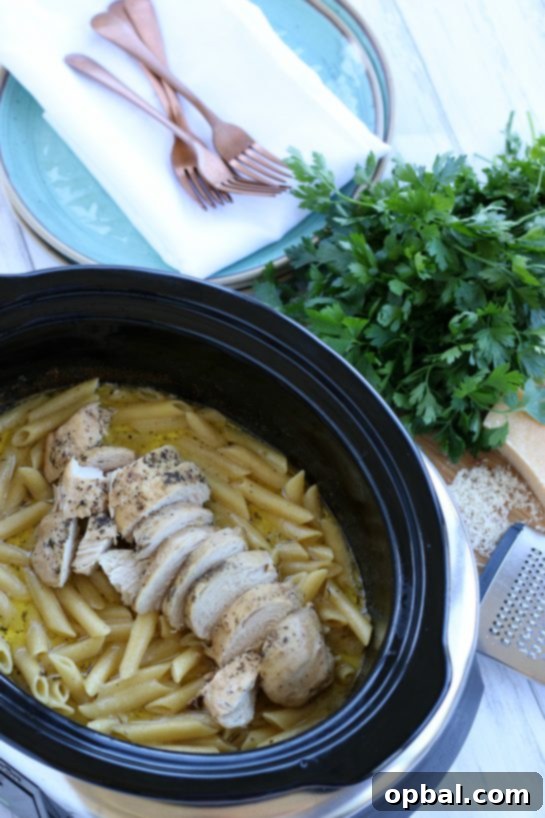 Slow Cooker Creamy Chicken Alfredo 9 Overhead view of Chicken Alfredo we made in a crock pot along side a bunch of fresh flat leaf parsley.