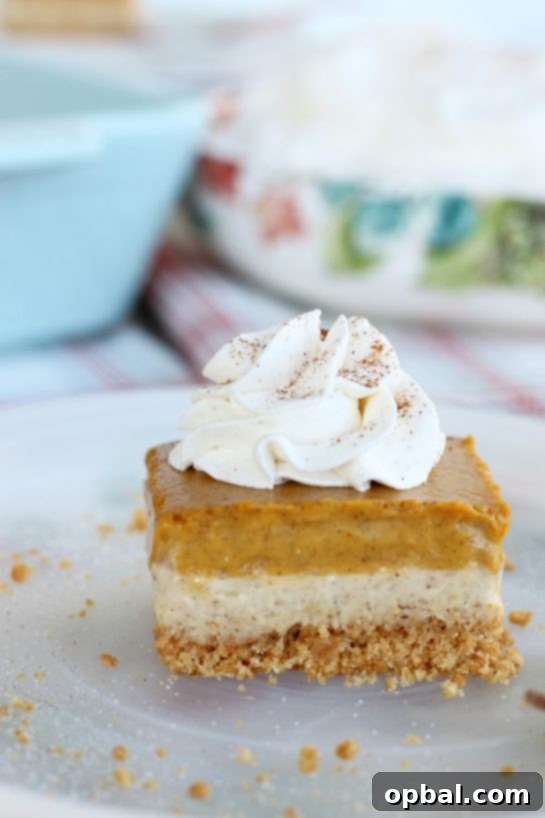 Pumpkin Spice Cheesecake Bars 2 An individual pumpkin cream cheese bar on a plate with a dollop of whipped cream on top, ready to be enjoyed.