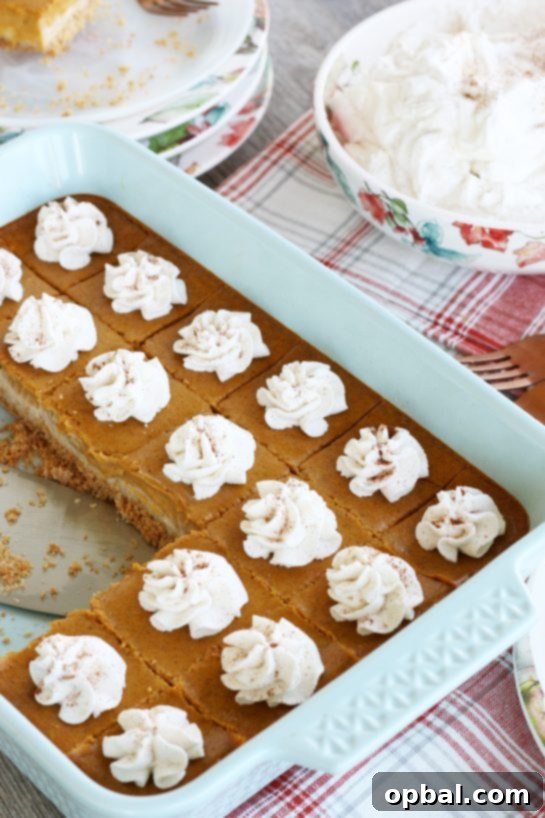Pumpkin Spice Cheesecake Bars 11 A pan of perfectly baked pumpkin cheesecake bars with a few servings carefully removed, showcasing their delicious layers.