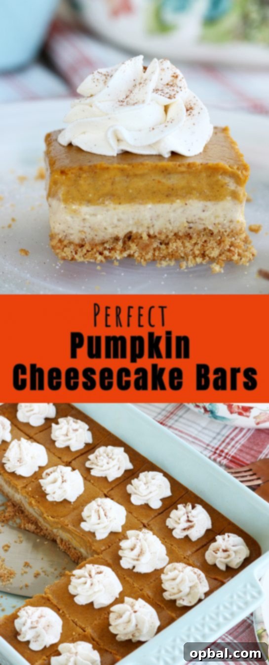 Pumpkin Spice Cheesecake Bars 13 This truly amazing and perfect pumpkin cheesecake bars recipe features a rich, buttery graham cracker crust, a smooth cream cheese layer, and a delightful pumpkin cream cheese layer, making it an ideal fall and Thanksgiving dessert idea!
