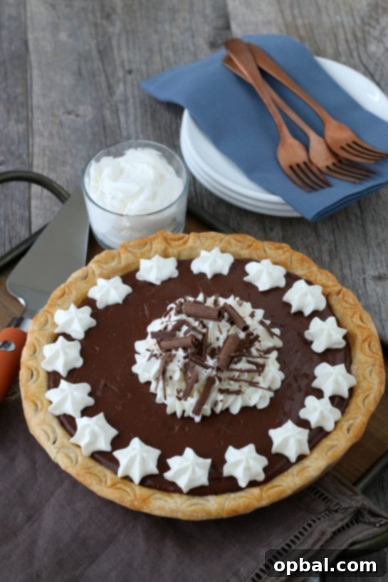 Decadent Chocolate Silk Pie 2 A stunning homemade chocolate pie, freshly made and topped with generous swirls of fluffy whipped cream, ready to be served. It embodies the dream dessert of holidays.