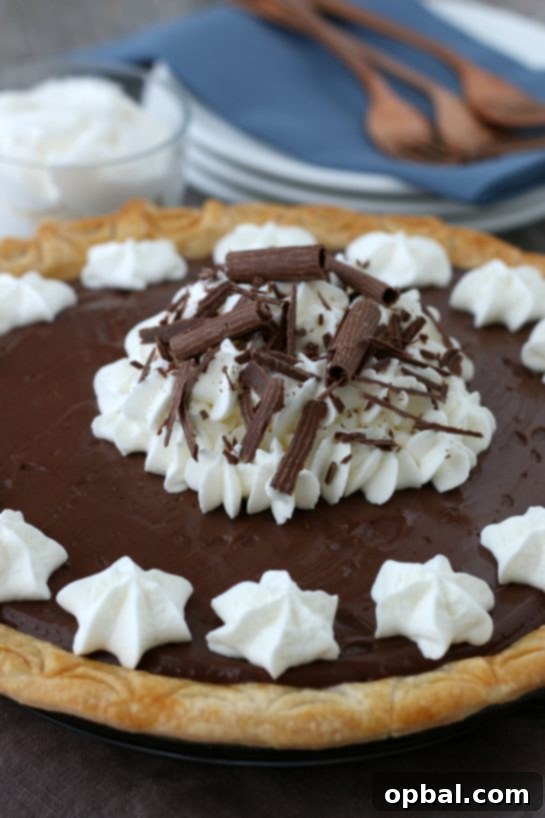 Decadent Chocolate Silk Pie 11 A beautiful close-up of the finished old-fashioned chocolate pie, lavishly topped with both chocolate shavings and fluffy homemade whipped cream.