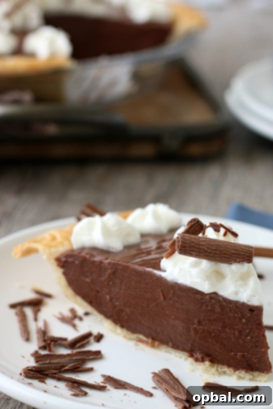 Decadent Chocolate Silk Pie 5 A close-up shot of a perfect slice of old-fashioned chocolate pie, showcasing its rich, dark filling and delicate crust.
