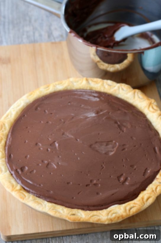 Decadent Chocolate Silk Pie 10 The classic old-fashioned chocolate pie is now complete, perfectly set, and ready to be chilled before serving to achieve its ideal texture and flavor.