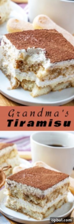 Nonna's Heirloom Tiramisu 10 A side view of a slice of Grandma's Tiramisu, showing perfectly stacked layers.
