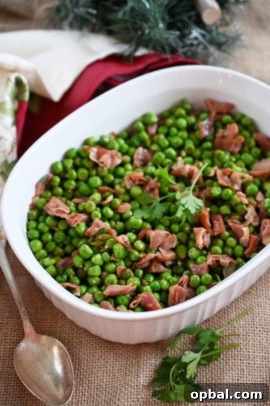 Emeralds and Silk 2 Peas with Prosciutto is the best 20 minute side dish for a weeknight meal or a holiday feast! Peas are richly flavored by salty prosciutto as well as the pork’s rendered fat. Delicious!